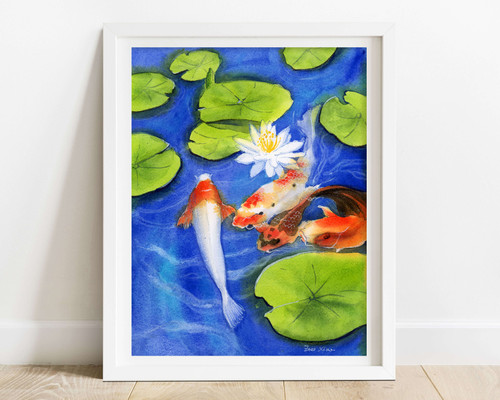 Watercolor Koi Fish in Lily Pond Impressionist Art Print