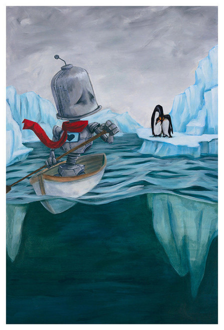 Arctic Bot - Robots in Rowboats by Lauren Briére - print on woodblock