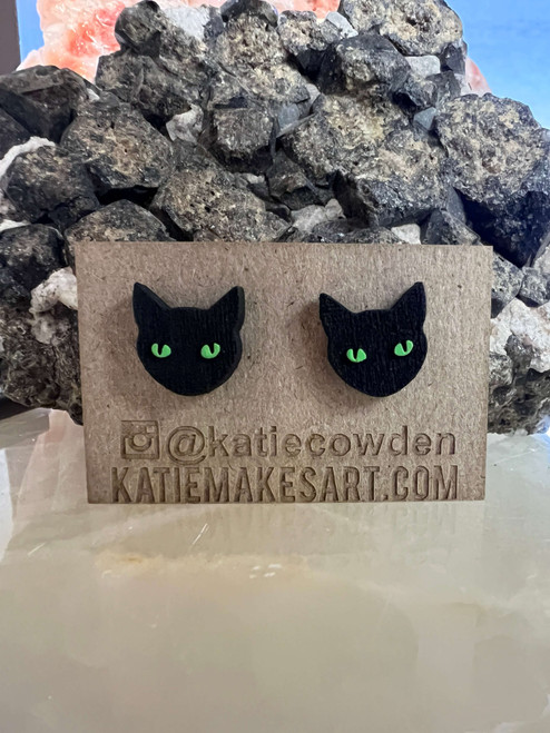 Green Eyed Black Cat Earrings by Katie Cowden