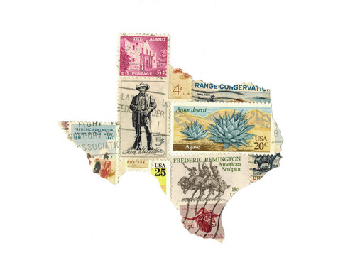 Texas Postage Stamp Collage Print by Katie Conley