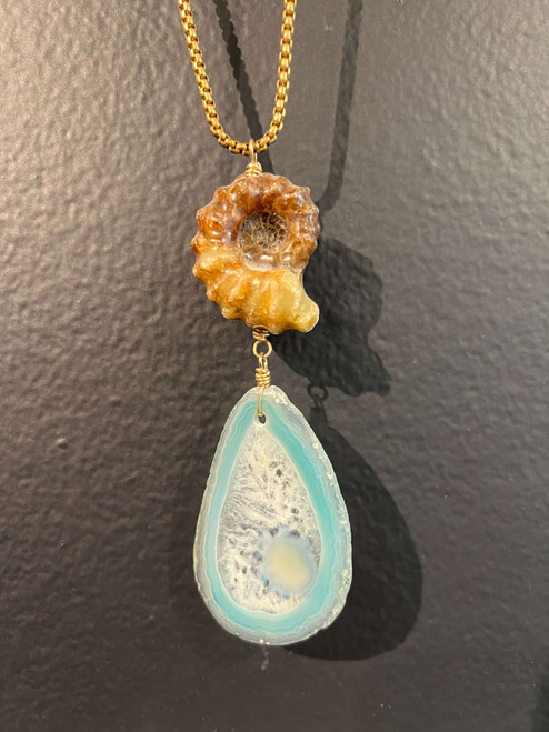 Fossilized Ammonite paired with a Blue Agate slice and hanging on 31” long brass box chain.