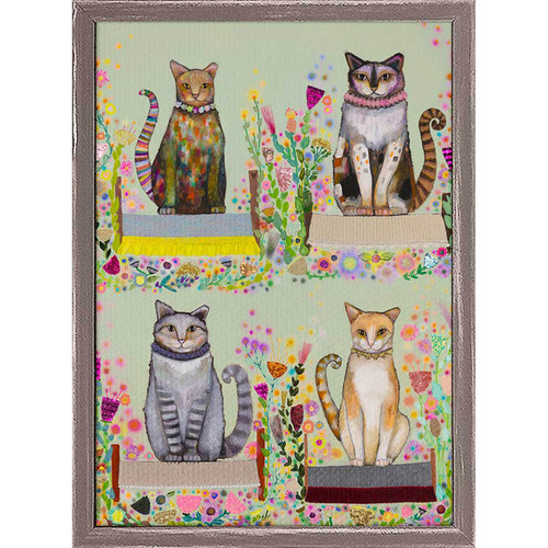 Perfect for any cat lover, this wall art features four cats and a green background. Looks great in a hallway or living room.