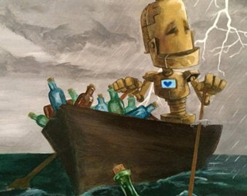 Robots in Rowboats (Art by Lauren Briere): Message in a Bottle Bot (Print on a Wood Panel)