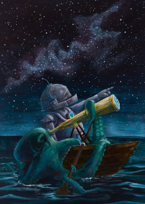 Stargazer Bot -Robots in Rowboats by Lauren Briere + Print on Wood Panel