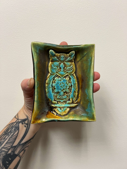 A rectangular ceramic dish with a gorgeous Owl relief and a blue green glaze.  Perfect for a soap dish or jewelry catch all dish.