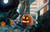 Halloween Bot - Robots in Rowboats by Lauren Briere + Print on Wood "Brick"