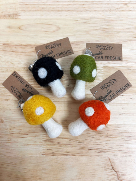 Do you love car fresheners but hate having to constantly buy more and trash the plastic left? These hand felted mushrooms allow you to reuse and "refill" as needed to keep your car always smelling fresh.