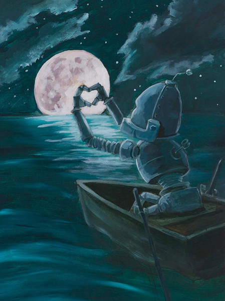 To The Moon & Back Bot -Robots in Rowboats by Lauren Briere + Print on Large Wood Panel