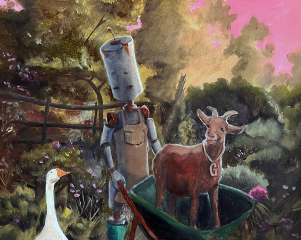 Gardener Bot - Robots in Rowboats by Lauren Briere + Print on Wood Panel