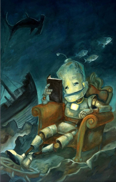 Deep Sea Reader Bot - Robots in Rowboats by Lauren Briere + Print on Wood "Brick"