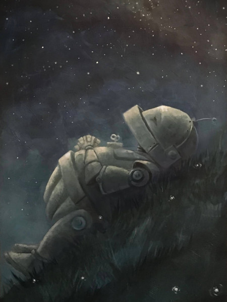 Starry Hillside Bot - Robots in Rowboats by Lauren Briere + Print on Large Wood Panel