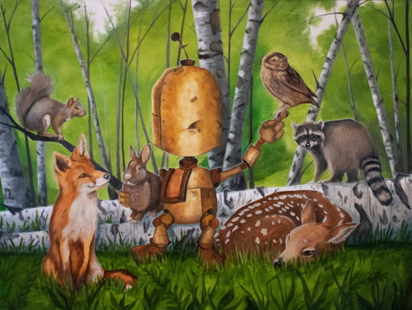 Woodland Bot - Robots in Rowboats by Lauren Briere + Print on Large Wood Panel