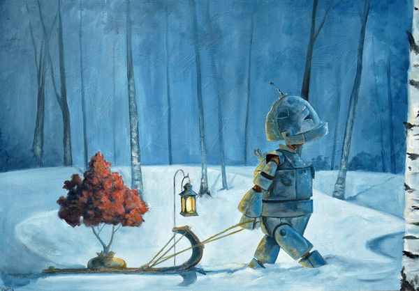 Winter Bot - Robots in Rowboats by Lauren Briere + Print on Large Wood Panel