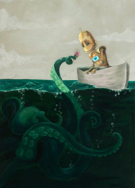 Octo Bot - Robots in Rowboats by Lauren Briere + Print on Wood Panel