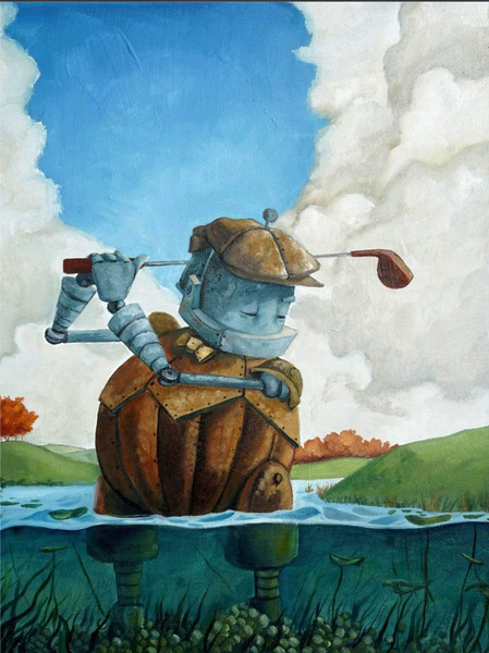 Golf Bot - Robots in Rowboats by Lauren Briere + Print on Woodblock