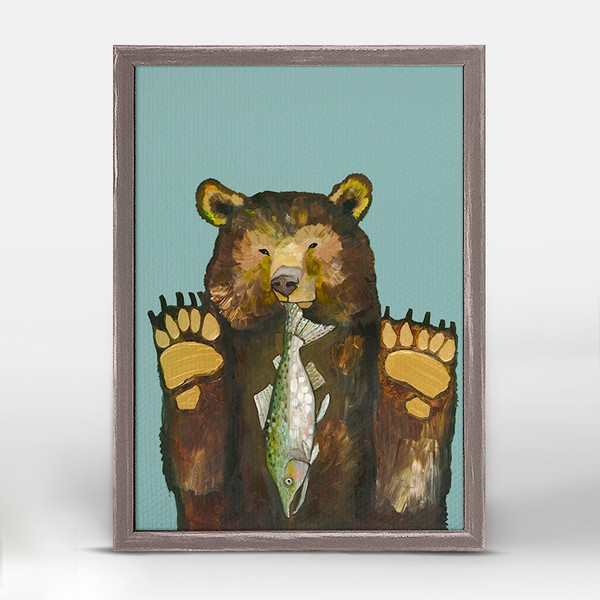 Bear with Salmon Mini Framed Canvas Print by Eli Halpin