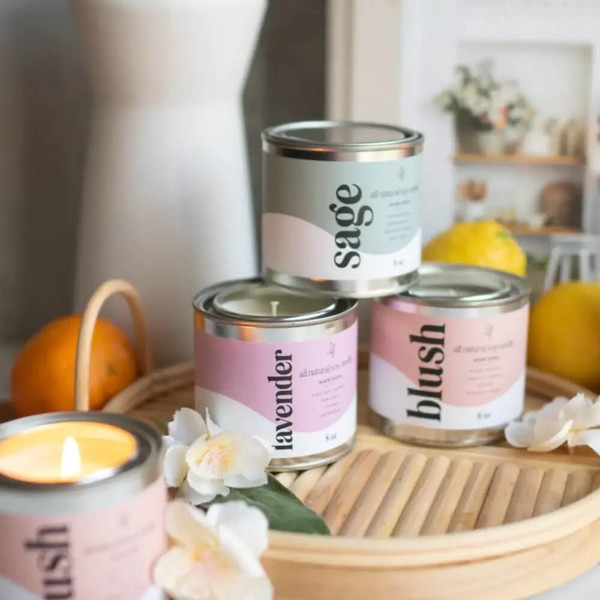 Paint Can Candles by Benjamin Soap Co. Made with plant based oils, zinc-free cotton wick, and American grown Non GMO soy wax