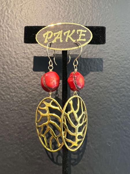 Brass coral ovals with red coral beads hanging on hand made gold filled ear wires.