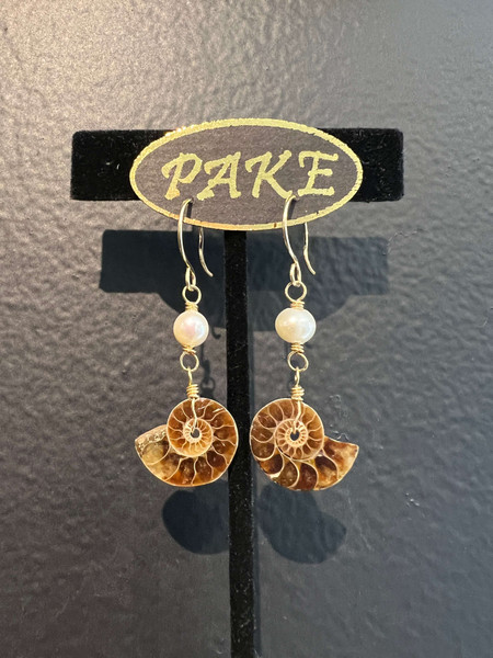 Paired baby sliced Ammonites with freshwater pearls  by Pake