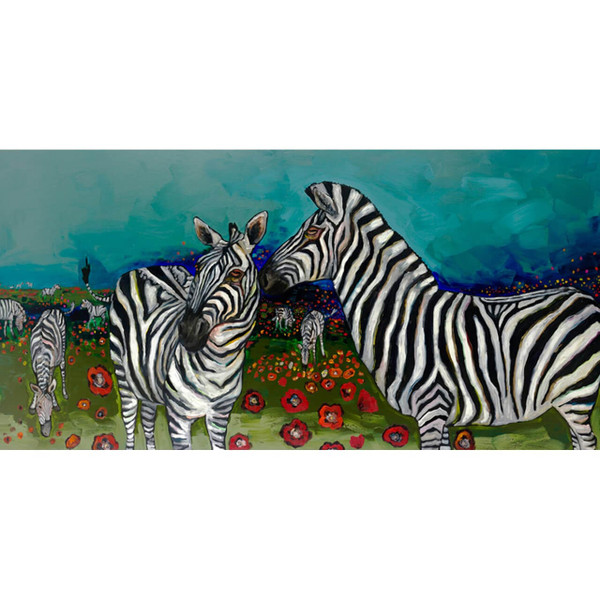 Striped zebras stand out beautifully as they graze the blooming poppy field in this stunning animal canvas art by Eli Halpin.