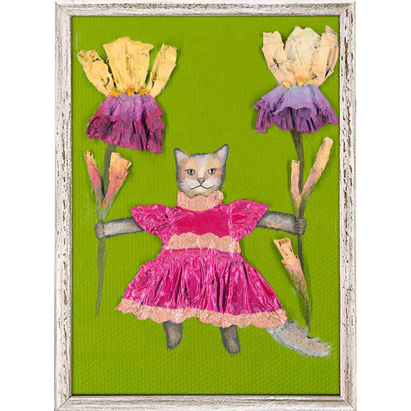 This whimsical cat in a pink dress, holding two flower stems, is a true conversation starter and makes a great addition to any décor.