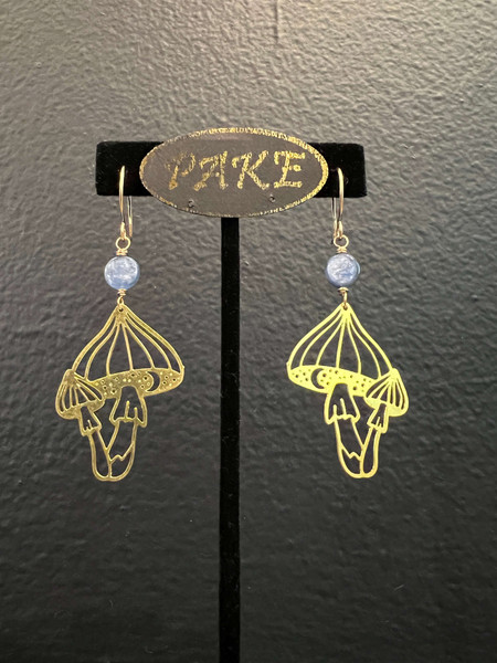 Laser Cut Brass Mushrooms with Blue Kyanite Accents on Hand Made Gold Filled Ear Wires