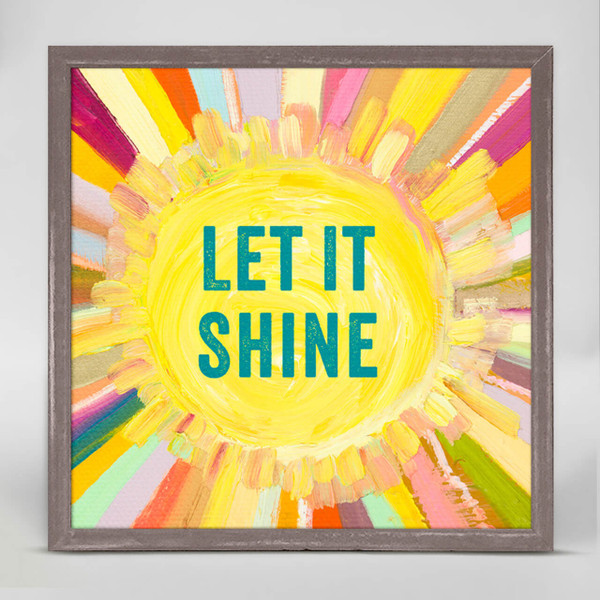 Here in a mini version finished in our rustic natural frame, Eli Halpin's radiant sun is perfect on a shelf or on the wall.