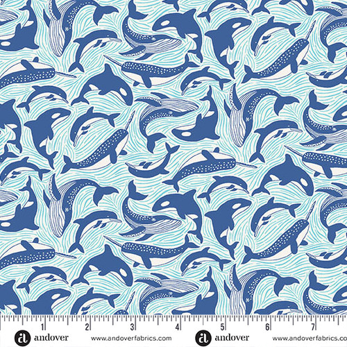 Deep Blue Sea by Makower UK Fins and Tails White
