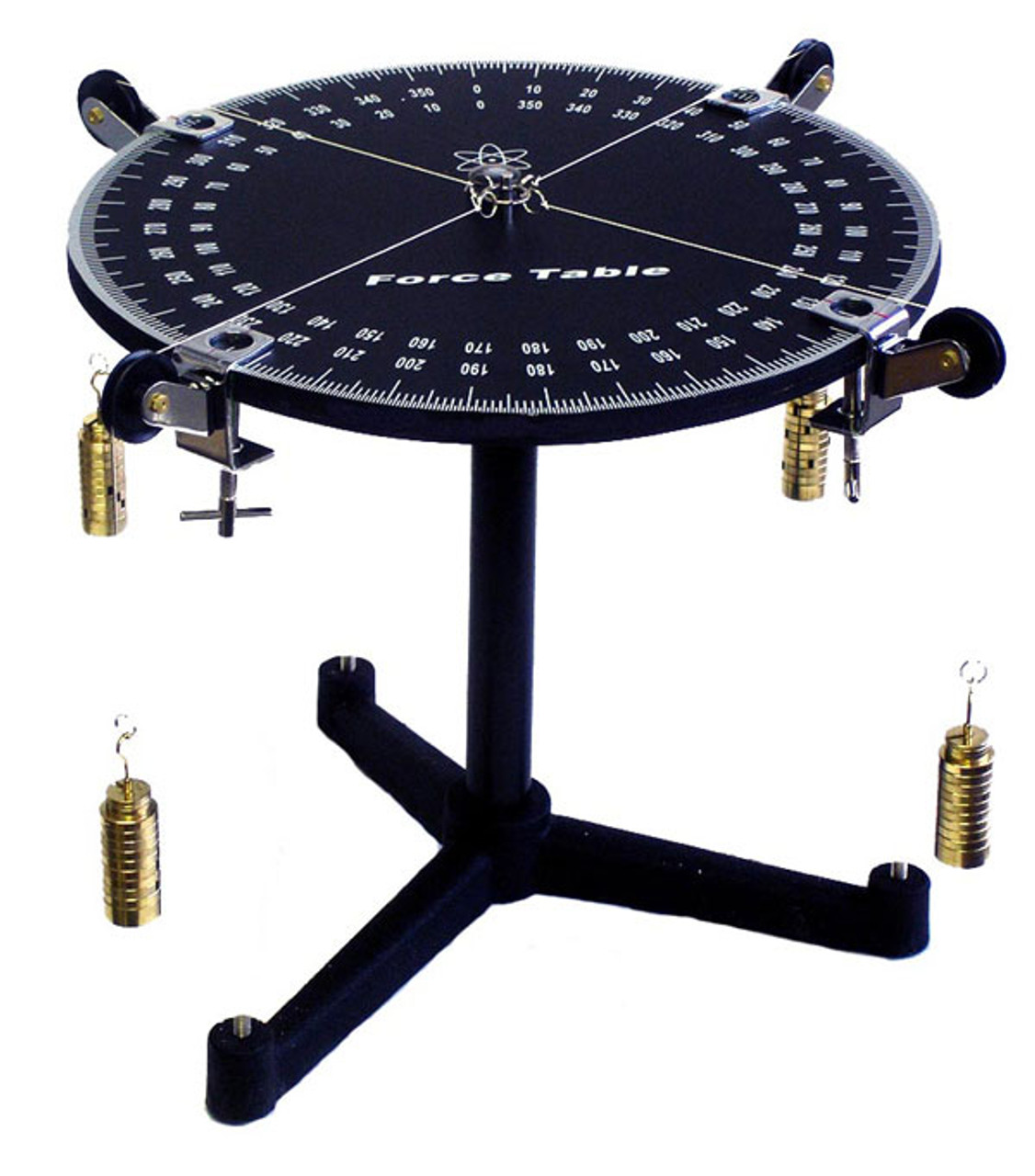 Force table with four table clamp pulleys and four sets of masses with weight hanger