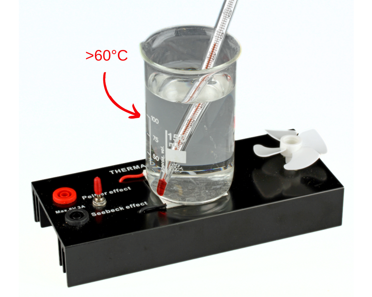 The Thermal generator with Peltier Element is a robust and versatile device designed for educational and research purposes. Composed of 127 interconnected rods of a semiconductor material, mounted on a cooling plate, it serves as an excellent demonstrator for the Peltier and Seebeck effects. The Peltier element can be conveniently connected to two safety terminals via a switch or to a small motor with a propeller.