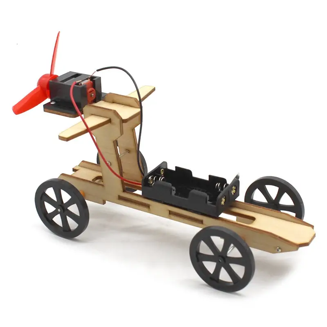 This project is an electric circuit and practical use project. Using air to propel the car eliminates the need for complex components such as gears, chains, belts, and pulleys. The motor and propeller create air currents that push the car forward.