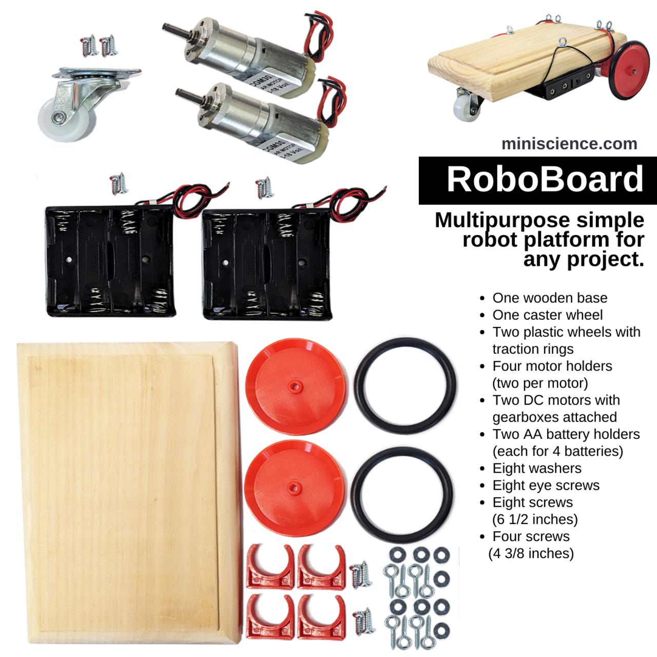 The RoboBoard is a highly adaptable and customizable robotic platform, perfect for educational purposes, DIY projects, and prototype development. It features a durable wooden base that provides a robust foundation for various applications. This platform is equipped with a caster wheel for smooth navigation, two plastic wheels with traction rings for optimal grip, and two powerful DC motors with gearboxes for precise speed and direction control. It also includes two AA battery holders, motor holders, and a comprehensive set of assembly components for easy customization and assembly. The RoboBoard is engineered for simplicity, adaptability, and encourages creativity and innovation in the field of robotics.