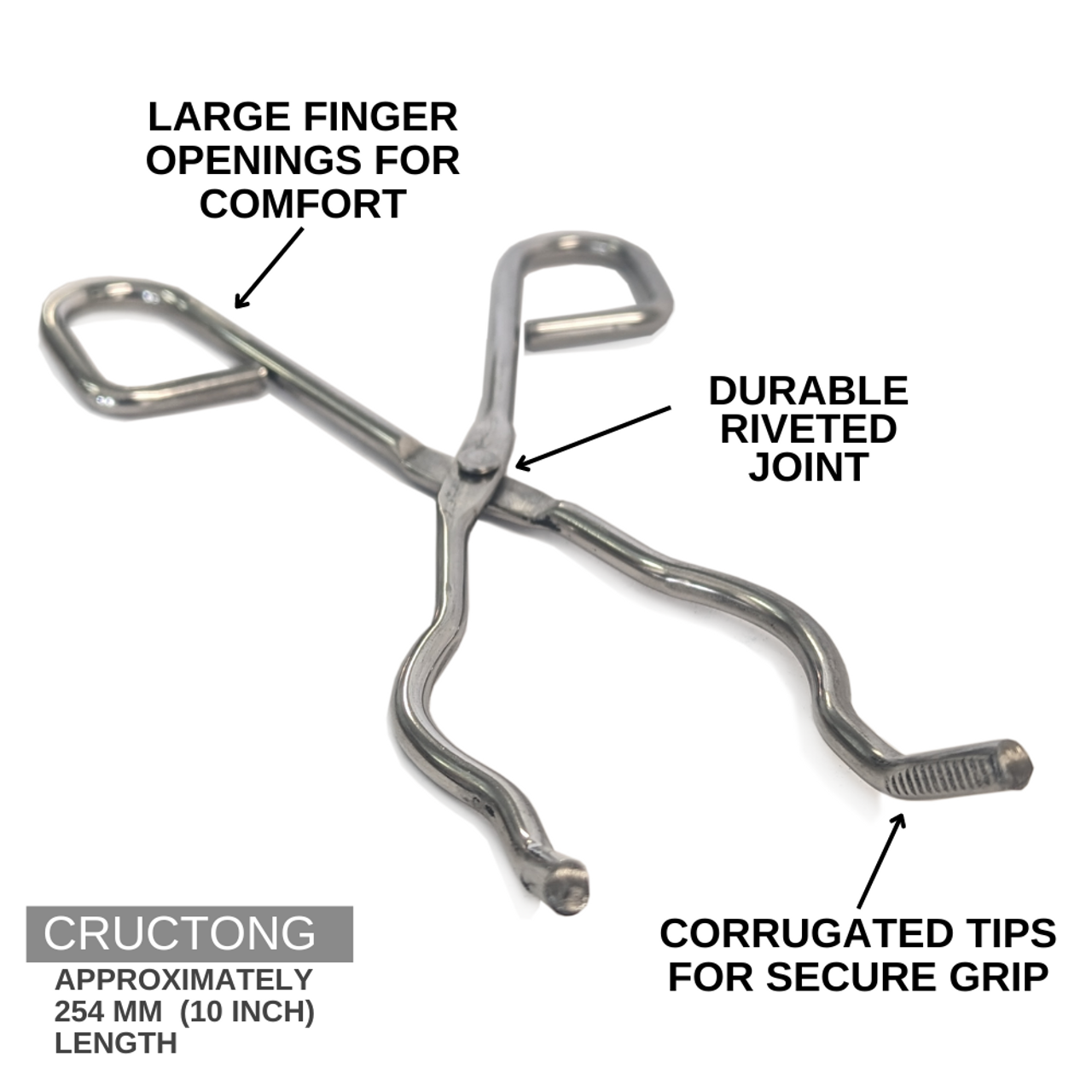 These Crucible Tongs are essential for handling hot crucibles and similar apparatus in laboratory settings. Made from plated steel with corrugated tips, they provide a secure grip. The design includes a durable riveted joint and large finger openings for comfort. Their length is about 10" (254 mm), making them suitable for both professional and home labs.