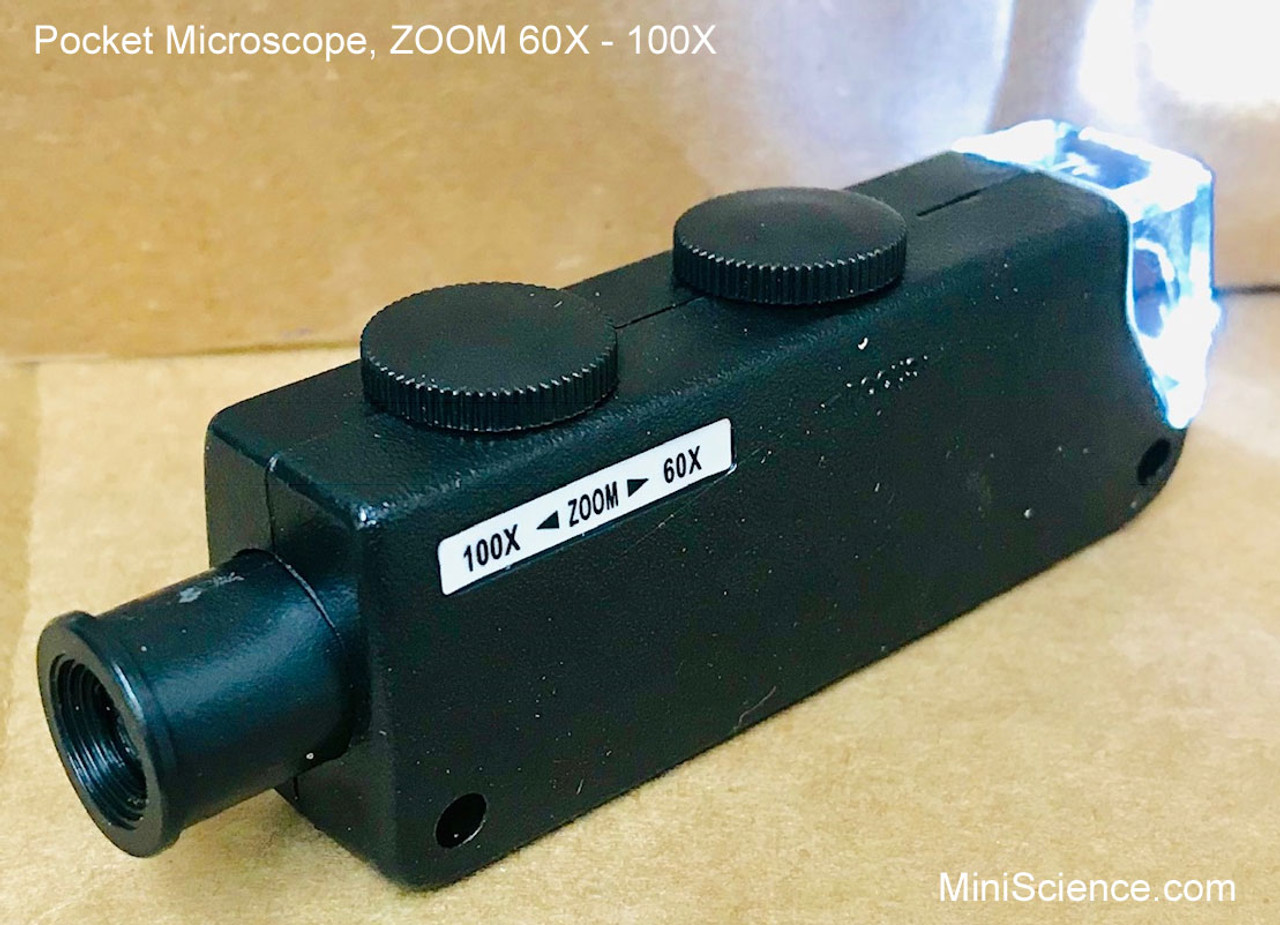 Illuminated Pocket Microscope Zoom 60X - 100X with white LED light has one knob to adjust magnification and another knob to focus.
