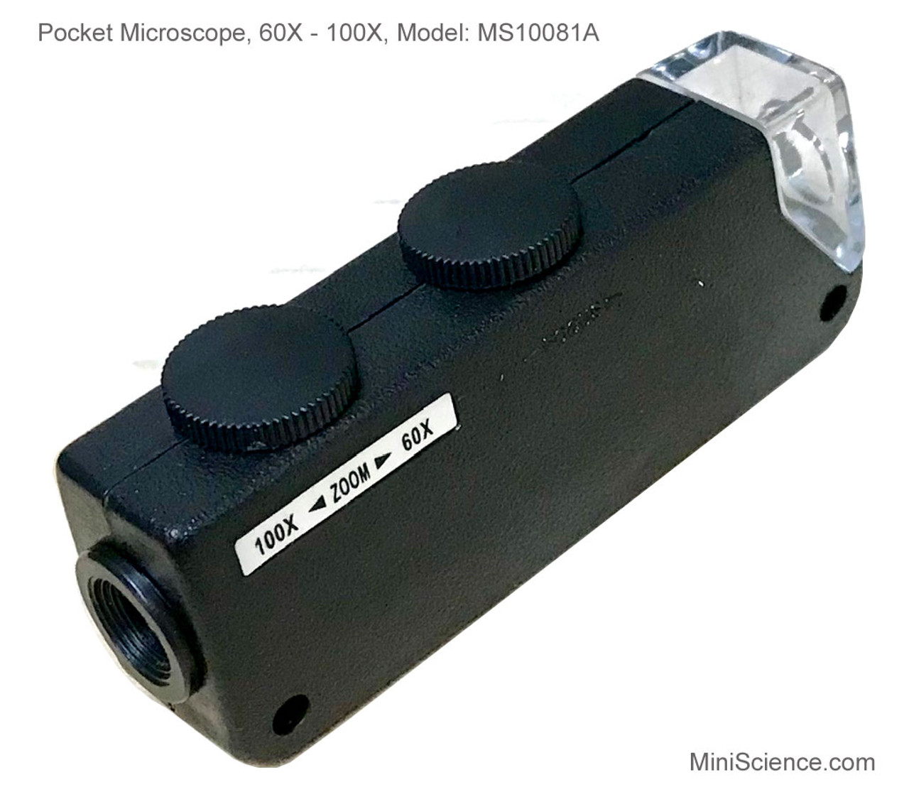 Pocket Microscope Zoom 60X - 100X with white LED light has one knob to adjust magnification and another knob to focus.