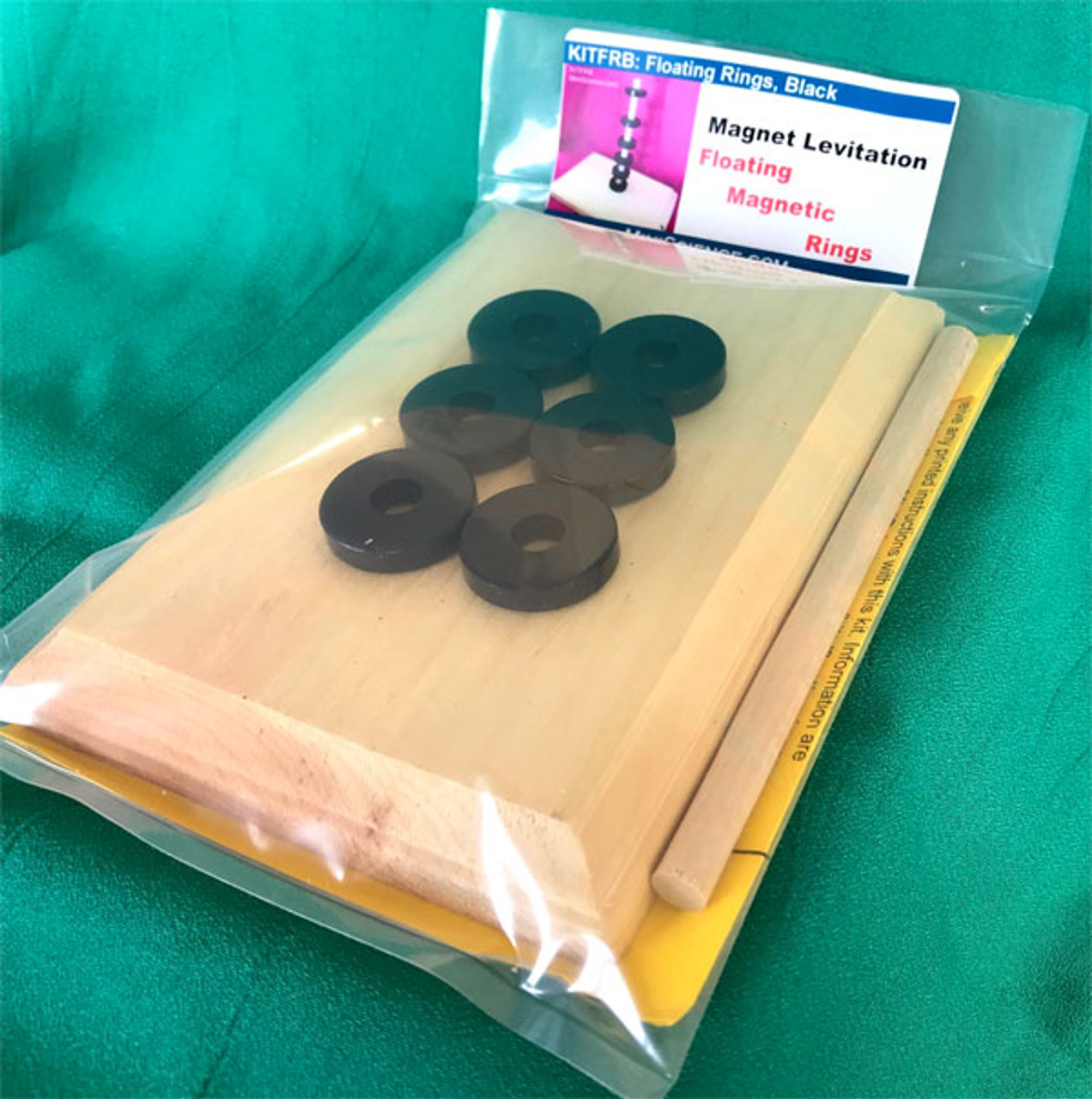 Floating Magnetic Rings project kit single pack contains the wooden base, wood dowel and 6 strong ring magnets.