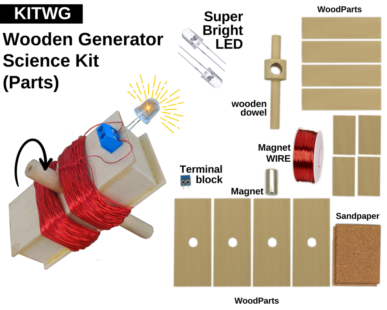 Constructing a wooden electric generator is one of the best ways to learn the principles of electric generators. Completed kit is about 4 inches long and 2 inches wide. The wood dowel axle is about 4 inches long. This set is recommended for ages 11 to 16. Young students will need the help and supervision of an adult. In a wooden generator, all components are made of wood except the wires and the magnet.  This wooden generator can successfully light up an LED lamp (included). This science set includes: All wooden parts Magnet Magnet Wire LED lamp Terminal block for connecting the LED lamp Online instructions You will also need: Wood Glue Instructions are available online.