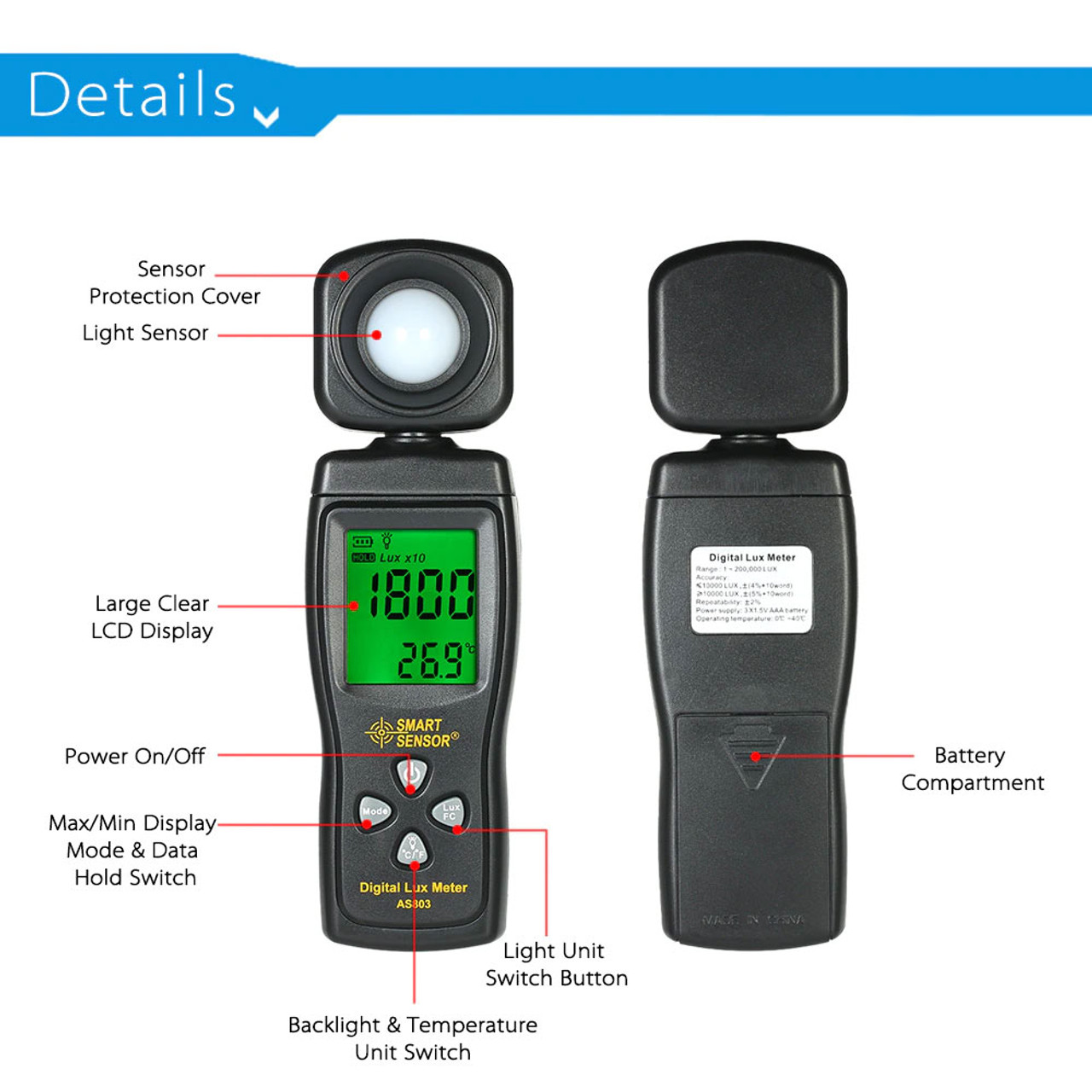 Light Meter, Lux Meter, 200,000 Lux