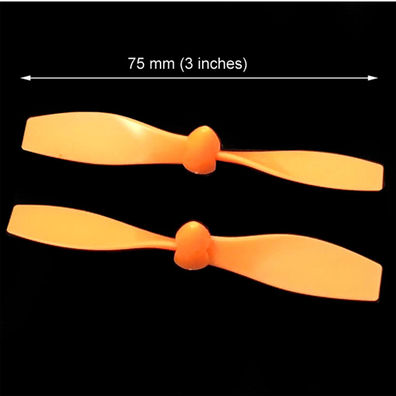 75mm span small plastic propellers generate high speed air flow. If an airplane has two propellers, It is best if one spin clockwise and the other spin counter clockwise in order to cancel each other's  torque; however, both must propell air toward the rear of the airplane. That is why one of the propellers mus have an opposite pitch.