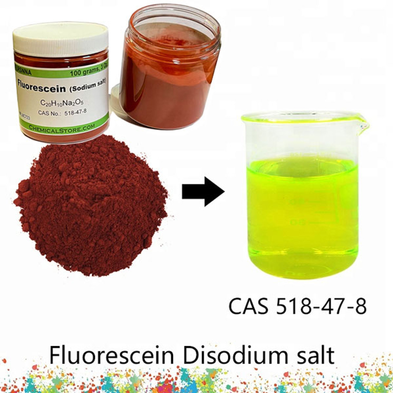 Fluorescéine sodium (C.I. 45350), 500 g, plastique,  cas.number.title.metatag 518-47-8, Colorants, Indicateurs et colorants, Réactifs inorganiques & analytiques, Produits chimiques