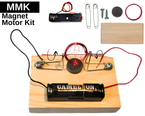 This is a set of materials for making a very simple Electric motor to demonstrate general concepts that make motors work. This motor has only one magnet (as stator) and one simple coil (as rotor). It can be powered by a AA battery (not included).

Warning: This is not a toy. Kit contains sharp and small objects. Adult supervision and support are required. Safety precautions are required.