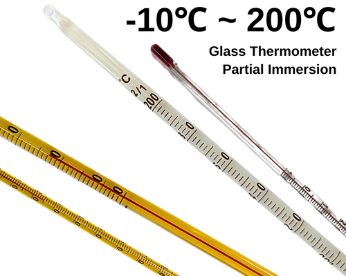 Glass thermometer with White or Yellow background, black marking and red spirit is a high contrast thermometer for easy reading. This is a Celsius unit thermometer . Is graduated based on the degrees of Celsius from -10 up to 200. 
Calibrated for: Partial immersion
A partial immersion thermometer has a line around it (above the bulb and bellow the marking). This line is called immersion line. For accurate reading you must insert the thermometer (usually in a liquid) up to that line.
Each thermometer is individually packaged in a plastic tubular container.
Length: 30 cm (12 inches).