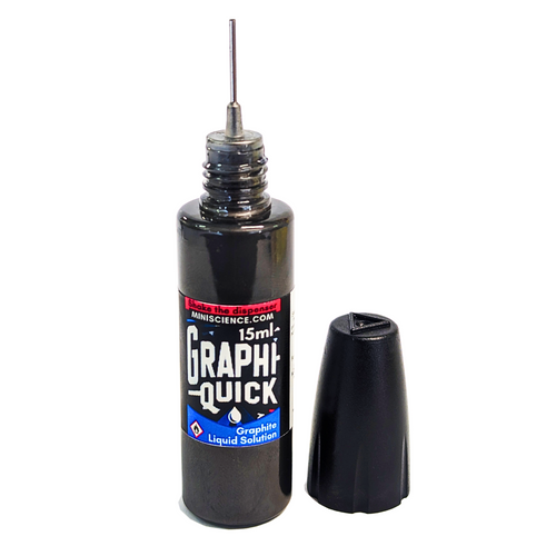 Explore GraphiQuick Liquid Graphite, a multi-use lubricant and craft enhancer with a precision nozzle for detailed application, quick-drying, and a metallic finish.