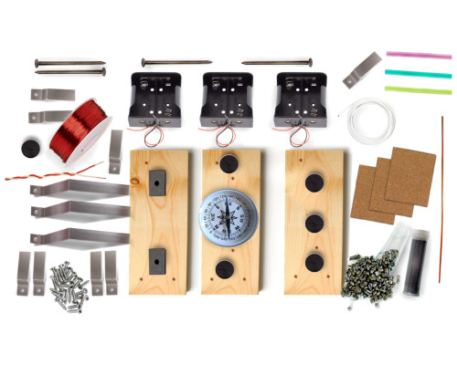 The Electromagnet Science Kit is designed to introduce and educate users about the principles of electromagnetism through hands-on experiments. With this kit, you can build various devices such as an electromagnet, electrical catapult, doorbell chime, telegraph, electromagnetic relay, and more.

The kit includes essential materials like enameled copper wire (Magnet Wire 28 AWG: Spool of 100 feet), a battery holder that mounts and connects 2 C size 1.5-volt batteries to produce 3 volts, a large nail as the core of the electromagnet, iron filings to reveal the direction of magnetic lines formed by the electromagnet, a wood block with pilot holes as a base for a telegraph station, a key strip for electrical contact, an armature in a large Z-shaped metal strip, a magnetic compass for testing the poles of the electromagnet, and sandpaper for removing the insulating enamel from the ends of the copper wire.

Instructions for conducting the experiments are available online, ensuring easy access and guidance throughout the learning process. Additionally, the kit is available in two different levels: basic and advanced. The advanced level kit expands the possibilities with additional materials, including 6 disk magnets, 1 neodymium magnet (super magnet), 2 latch magnets, 3 wood blocks with pilot holes, 8 small metal strips for keys, 3 large Z-shaped metal strips as armatures, a spool of 200 feet of magnet wire, 3 battery holders for 2 C size cells, 4 nails, insulated wires, bare wire, screws, a bottle of steel shapes (polished iron pieces), and a small bag of iron filings.

With each kit, you can perform at least 30 different experiments, making it a comprehensive and engaging tool for learning about electromagnetism. The materials provided cater to both basic and advanced levels, ensuring that users can progress and explore deeper concepts as they gain knowledge and experience.