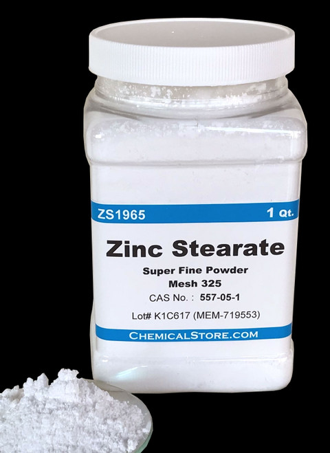 Zinc Stearate, fine soft powder, Mesh 325, Extra Dense, High Stability. Repels water. Perfect for mold release. A dry lubricant. Clear when molten. Used as a die release agent in powder metallurgy. 
