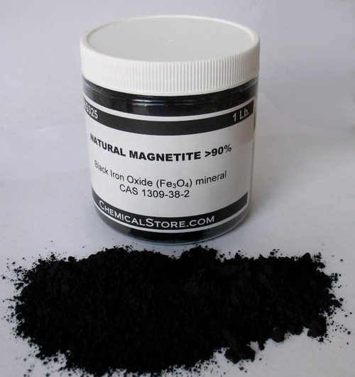 High purity synthetic magnetite fine black powder (2-4 um). Pigment quality.