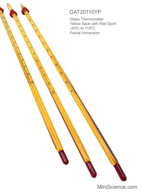 Glass Thermometer, Yellow with Red Spirit, -20ºC to 110ºC 