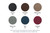 Six circle color swatches. Top row is charcoal (dark grey/black), Dark brown, and medium brown. Bottom row is Medium grey, navy, and red black.
