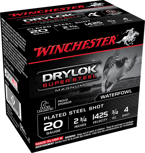 Winchester Drylok Super Steel Magnum 20ga 2.75" 3/4 oz 1425 fps #4 CASE- 250rds