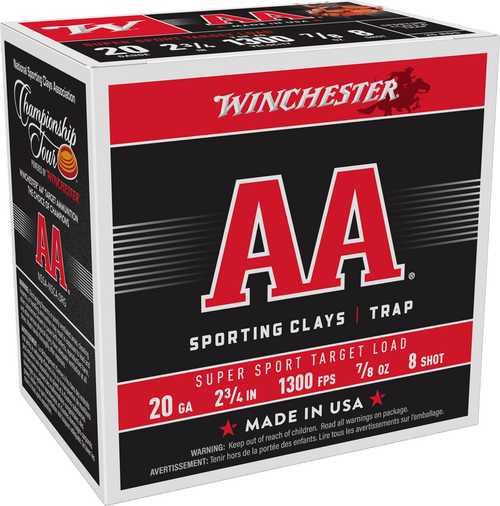 Winchester AA Sporting Clay 20ga 2.75" 7/8oz 1300fps #8 Case- 250rd